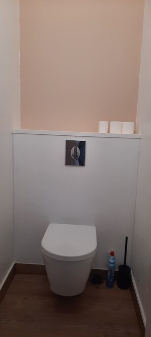 A small, compact bathroom with a white toilet, a flush handle, a blue water bottle, and a black cleaning brush. - 4-Bedroom Apartment in Port-Issol, Sanary-sur-Mer (Sanary-sur-Mer)