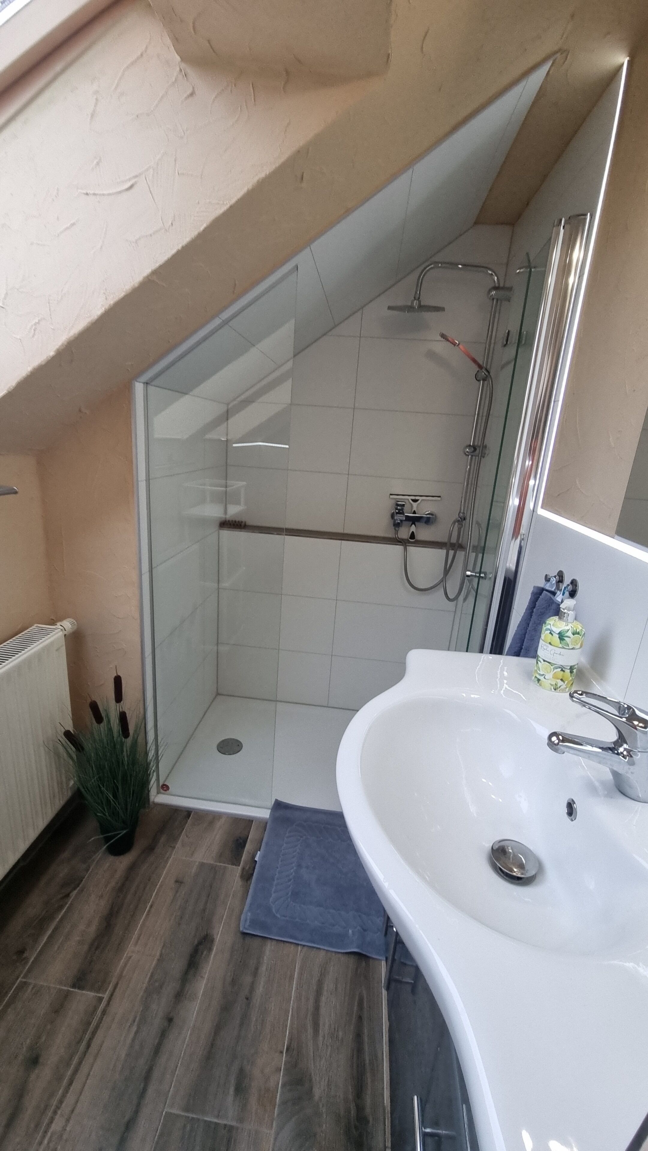 A modern bathroom with a glass shower enclosure, a white sink, and a towel rack.
