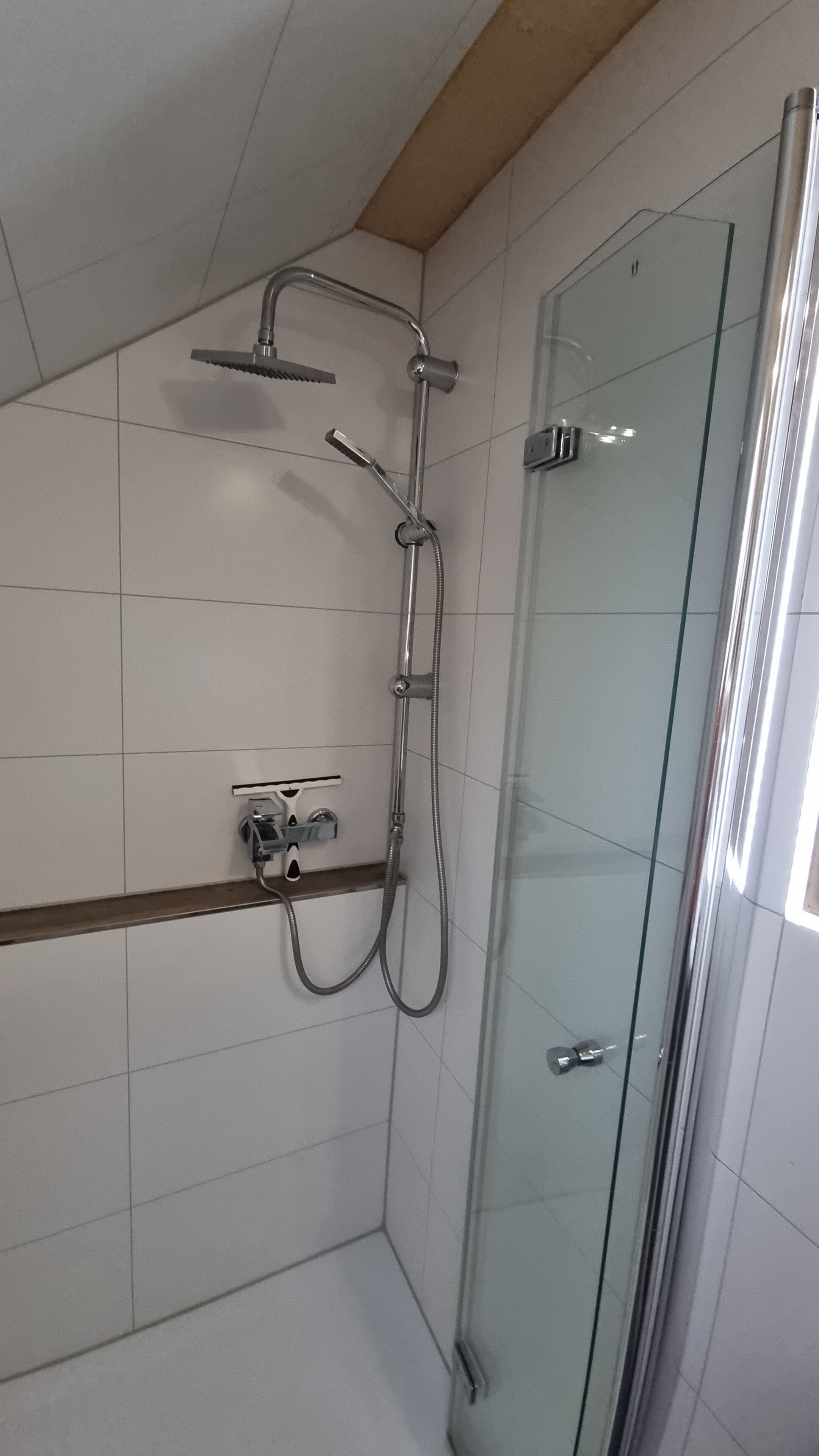 A modern shower with a glass enclosure, a handheld showerhead, and a wall-mounted control panel.