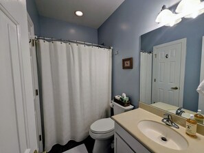 Hair dryer, towels, soap, toilet paper