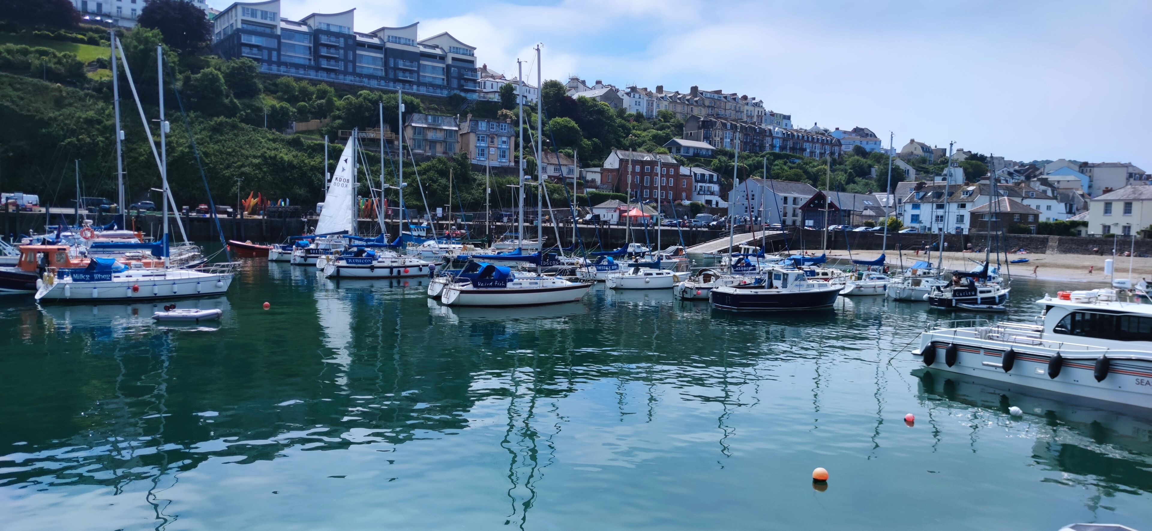 Marina con varias embarcaciones amarradas, rodeada de edificios y vegetación.