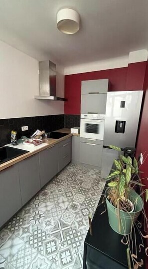 Une cuisine compacte équipée d’une cuisinière à gaz, d’un four et d’un micro-ondes encastré.