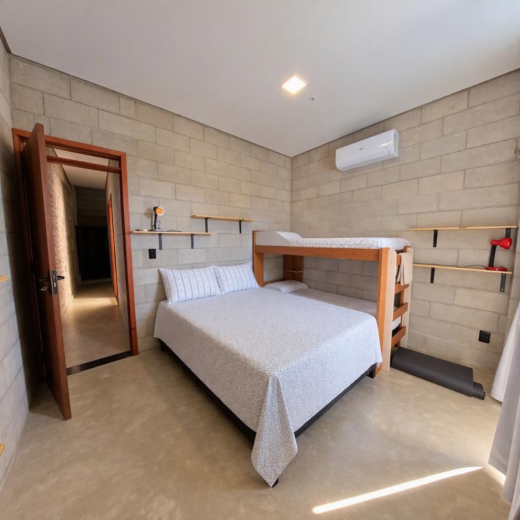 A bedroom with a bunk bed, a bedside table, a lamp, and a wall-mounted air conditioner.