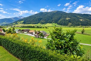 Ländliche Landschaft mit einem Dorf, grünen Feldern und Bergen im Hintergrund.