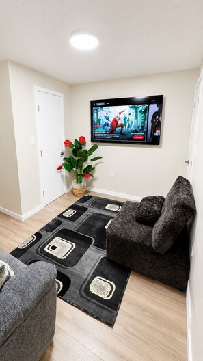 Un salon avec un téléviseur à écran plat fixé au mur, un canapé gris, un tapis noir et blanc et une plante en pot ornée de fleurs rouges.