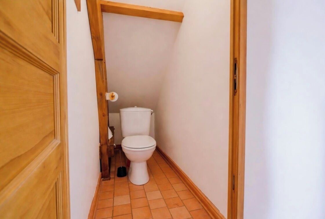A narrow hallway with a wooden door, a white toilet, and a tiled floor.
