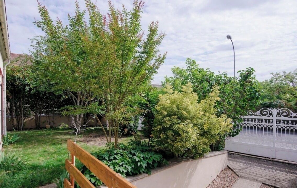 Ein Garten mit verschiedenen Bäumen und Sträuchern, einer hölzernen Bank und einem Metallzaun.