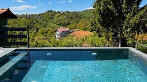A rectangular swimming pool with clear water, surrounded by a dark tiled deck. - Holiday Home Damian (Zagreb)