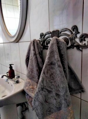 Douche, sèche-cheveux, serviettes fournies, savon