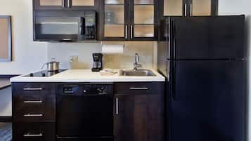 Coffee/tea maker, fridge, microwave, paper towels