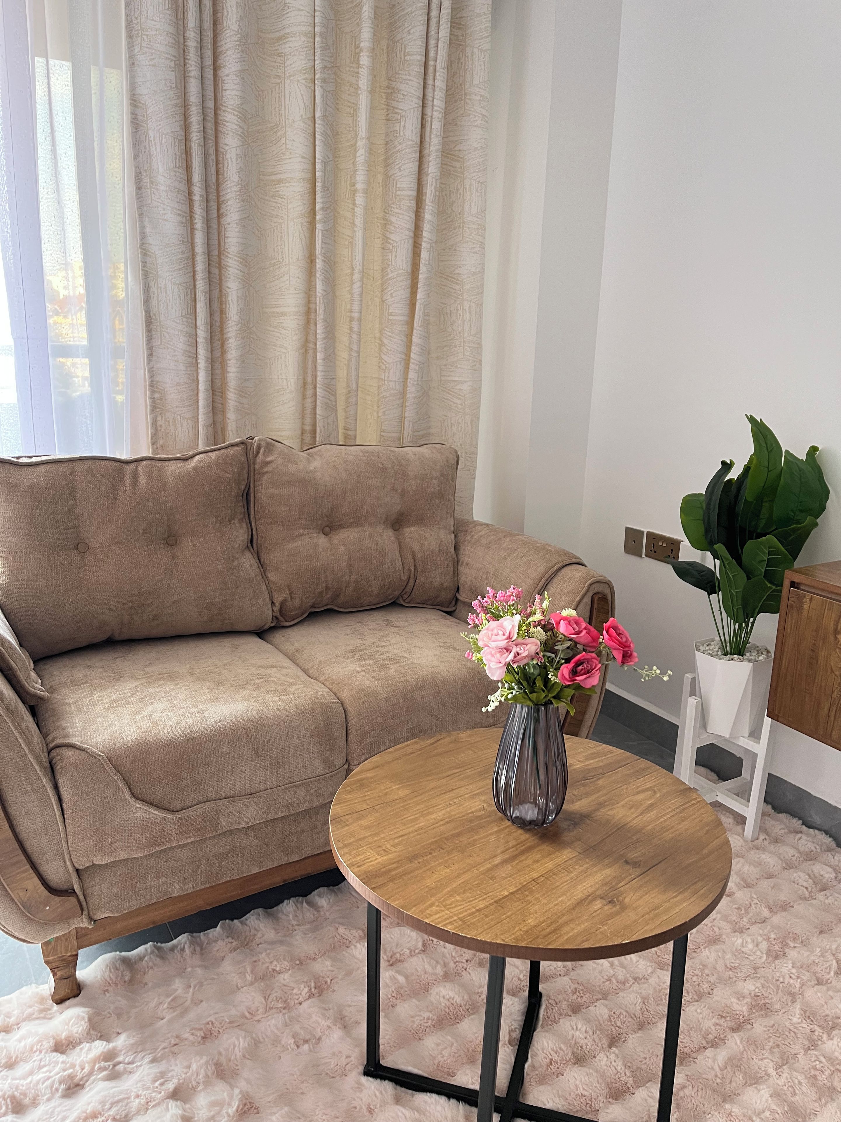 Ein beiges Sofa mit rundem Holztisch davor, eine Topfpflanze und ein Fenster mit Vorhängen.