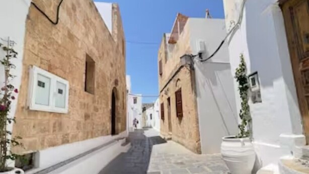 Une rue étroite, bordée de bâtiments des deux côtés, avec un pavé de pierre et des plantes en pot.