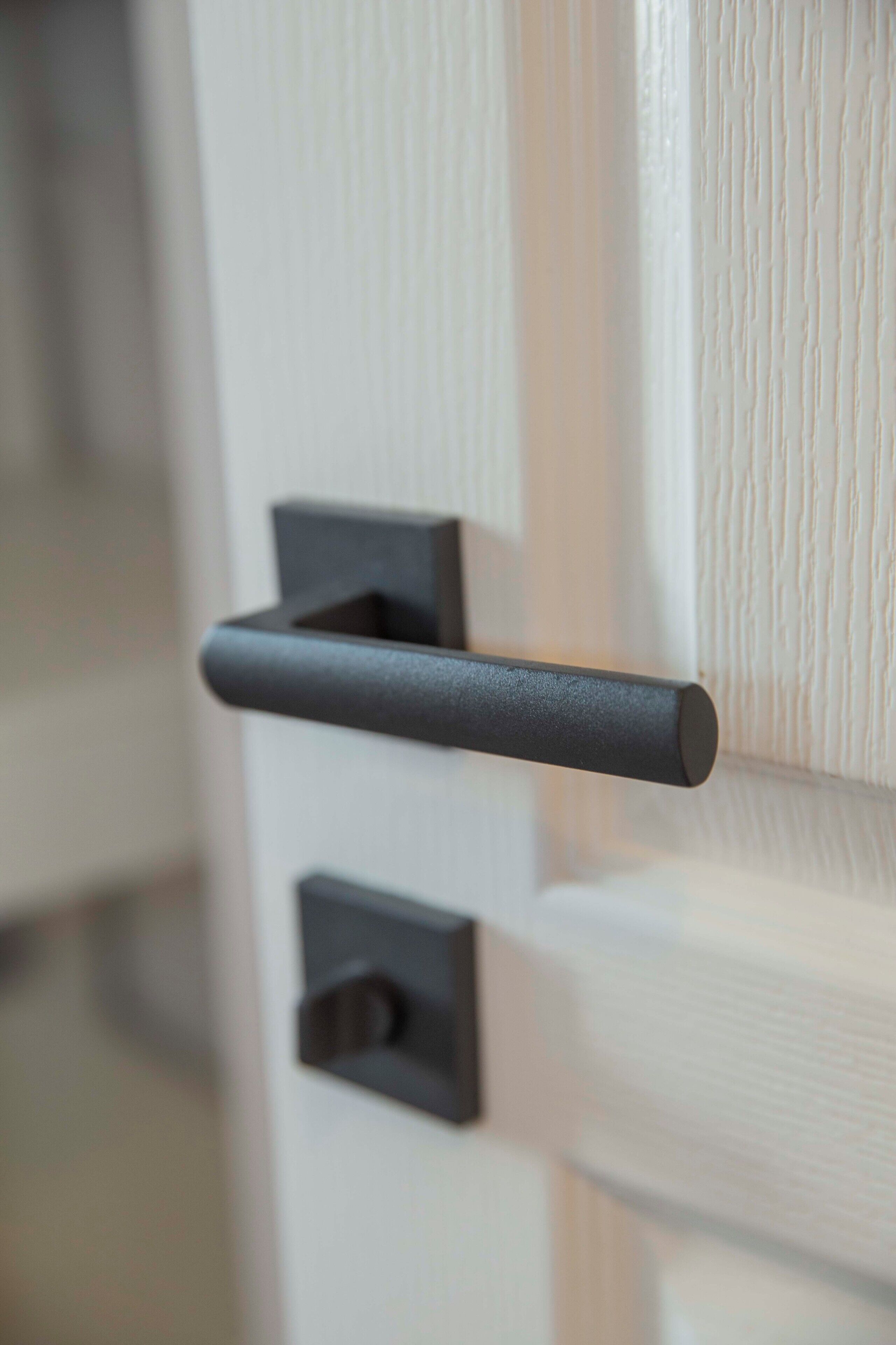 A door with a black handle and a keyhole.