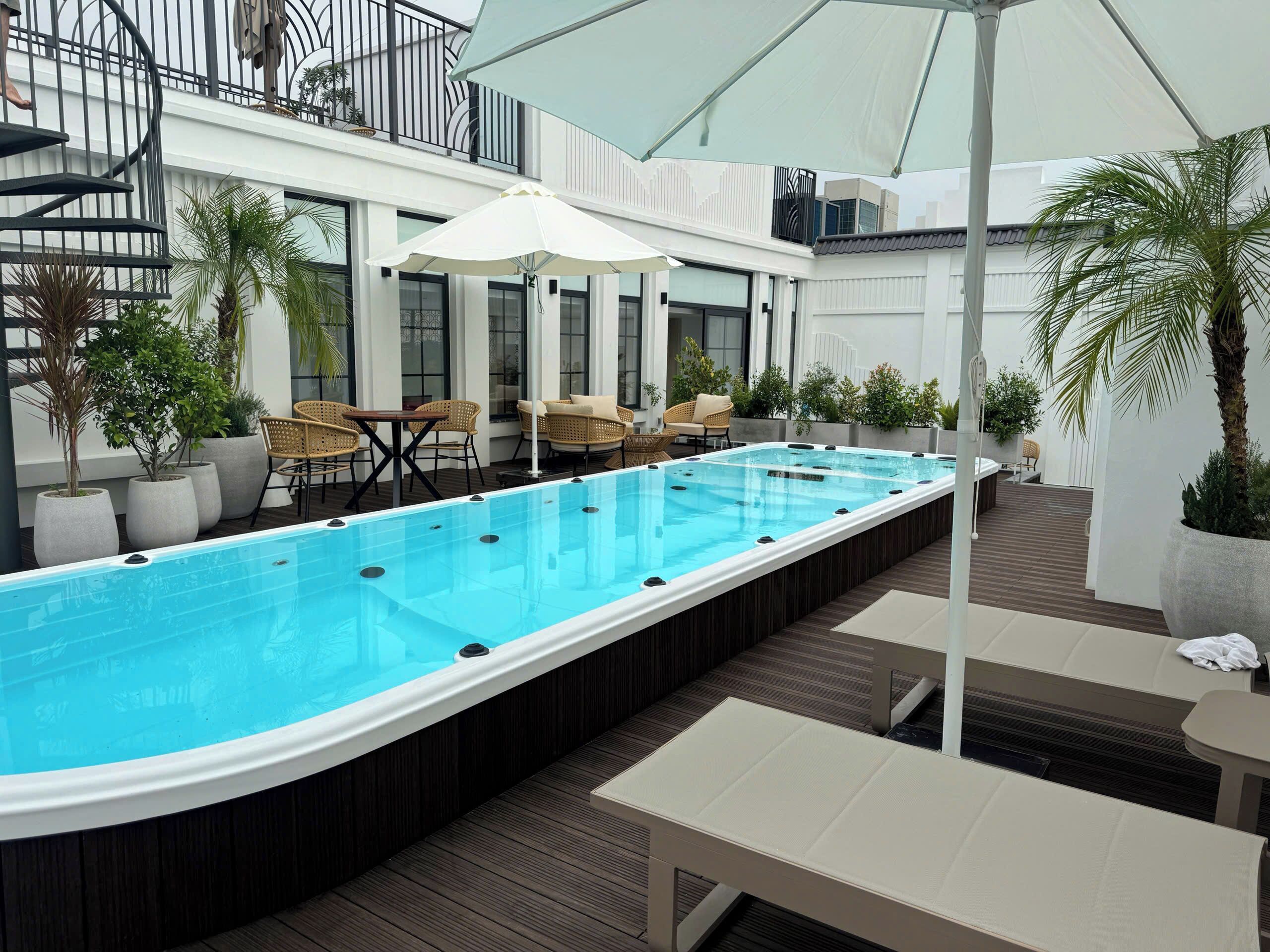 A swimming pool with lounge chairs and umbrellas, surrounded by potted plants and a wooden deck.