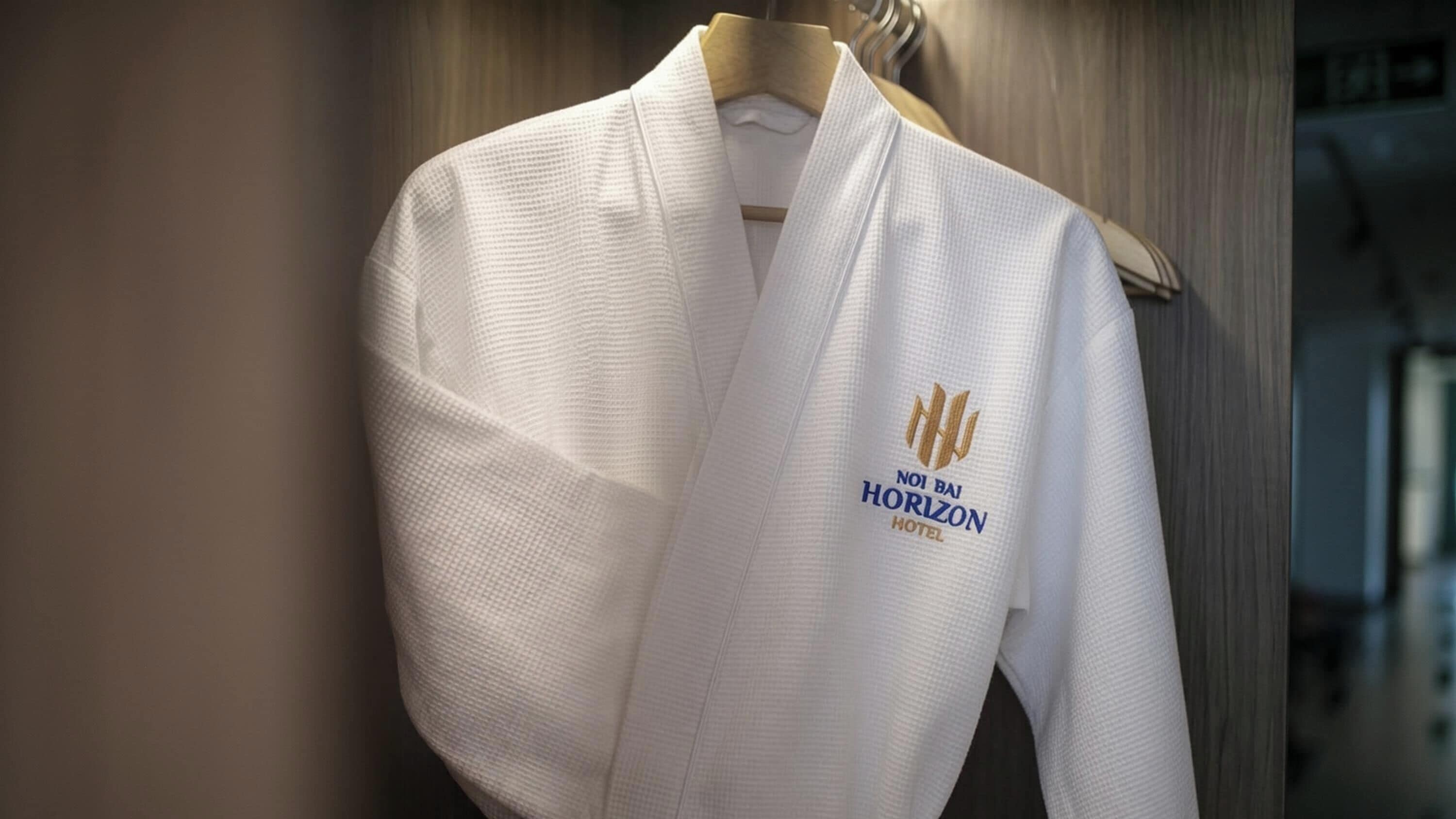 Una bata blanca con un logotipo en el pecho, colgada de una percha de madera.