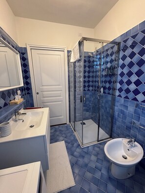 Douche, séchoir à cheveux, bidet, serviettes fournies