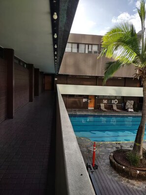 A pool area with a clear view of the pool, lounge chairs, and a palm tree. - Unique Bishop Loft (Honolulu)