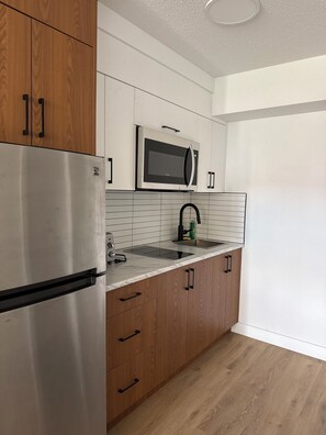 Quarto luxo, para não fumantes | Cozinha privada | Geladeira grande, micro-ondas, fogão, cooktop