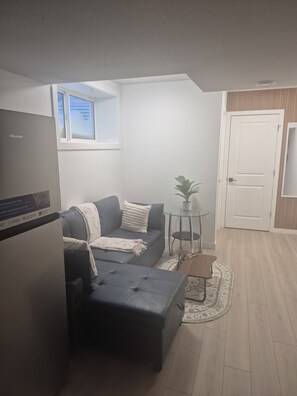 Un espace de vie compact comprenant un canapé, un pouf, une petite table et une plante en pot.