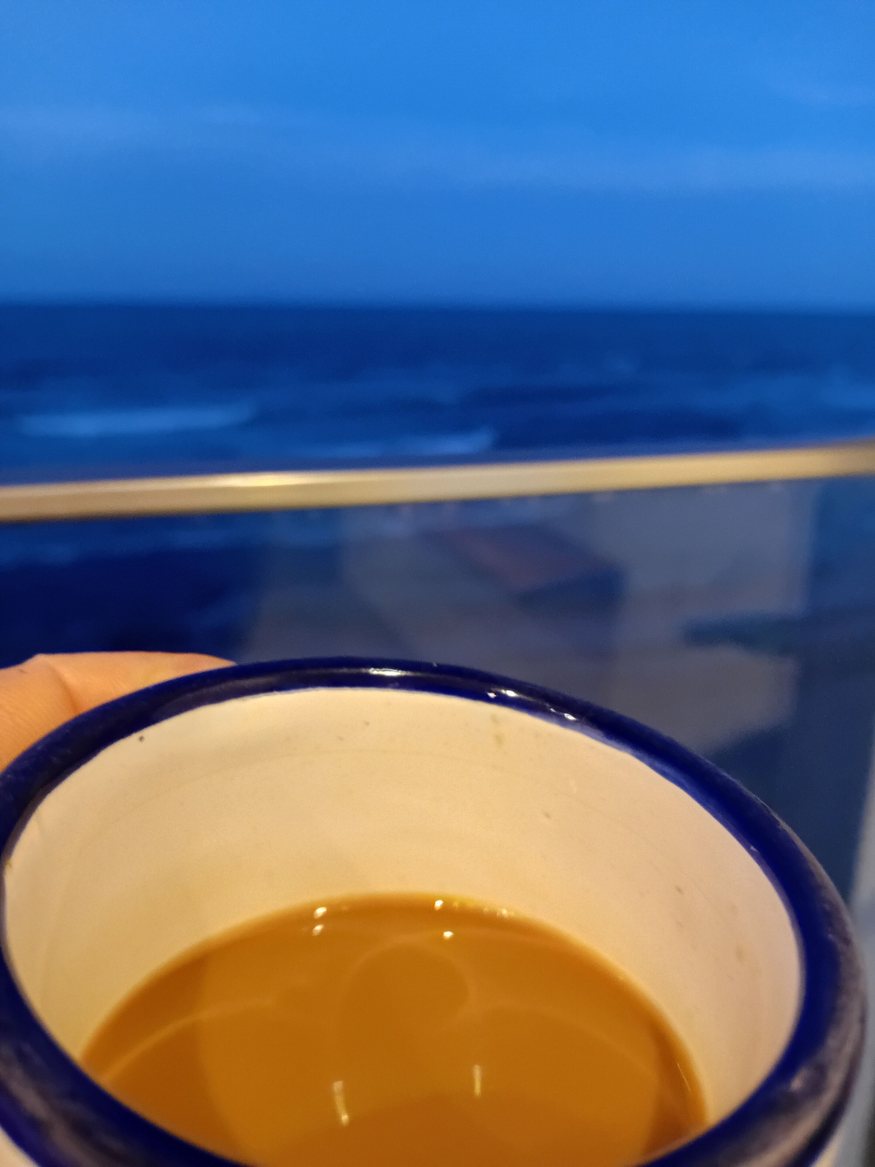 Primer plano de una taza con una bebida, sostenida en una mano, con vista al océano de fondo.