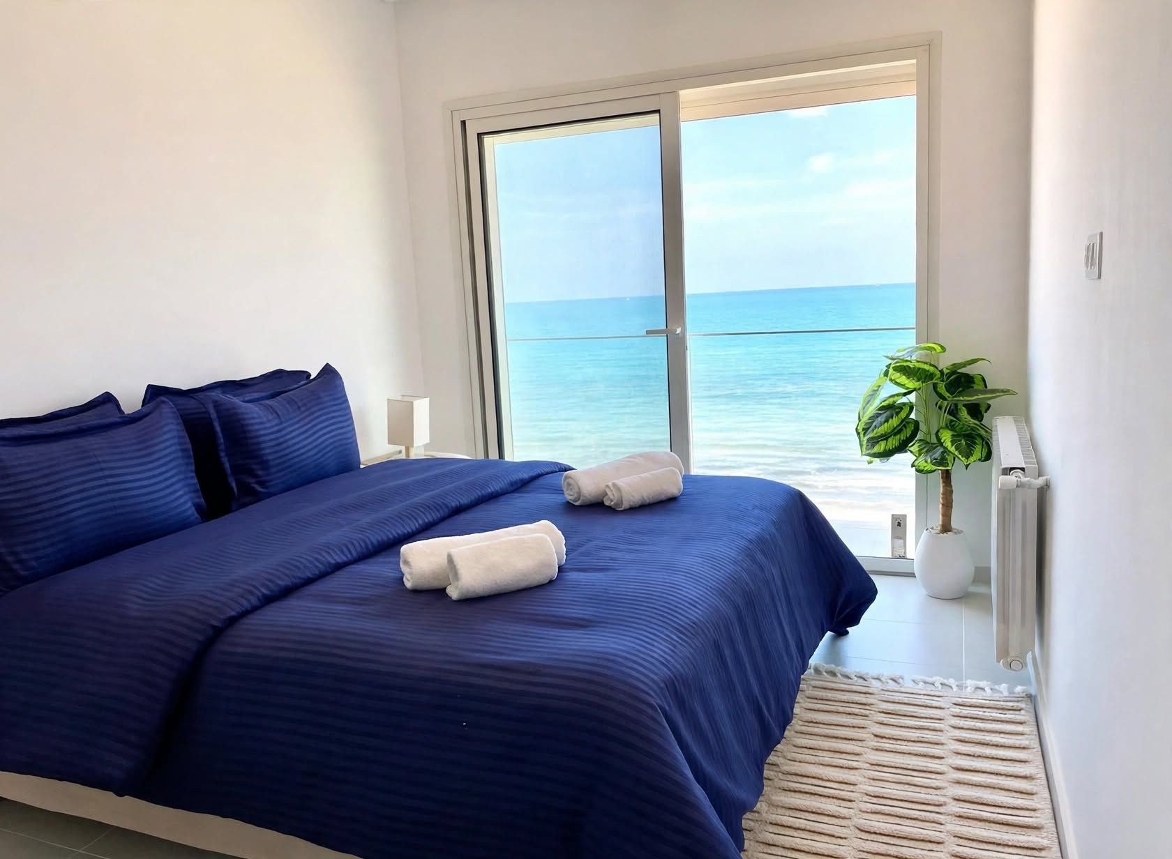 A bedroom with a large bed, a view of the sea, a potted plant, and a radiator.