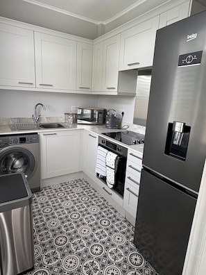 Fridge, microwave, oven, electric kettle