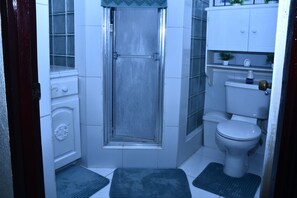 Shower, hair dryer, towels, soap