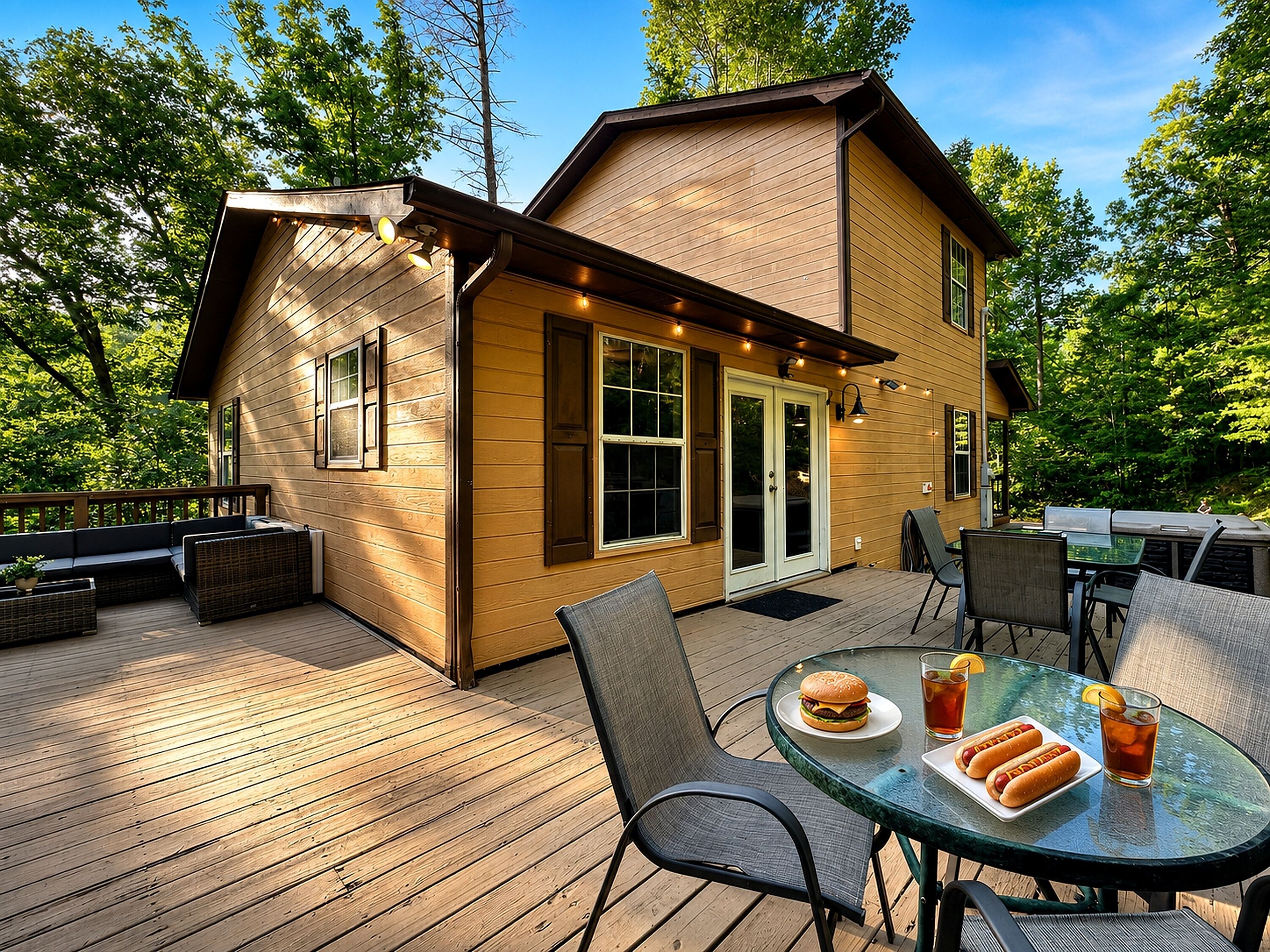 Ein Holzhaus mit Terrasse, Sitzgelegenheit im Freien und einem Tisch mit Speisen.