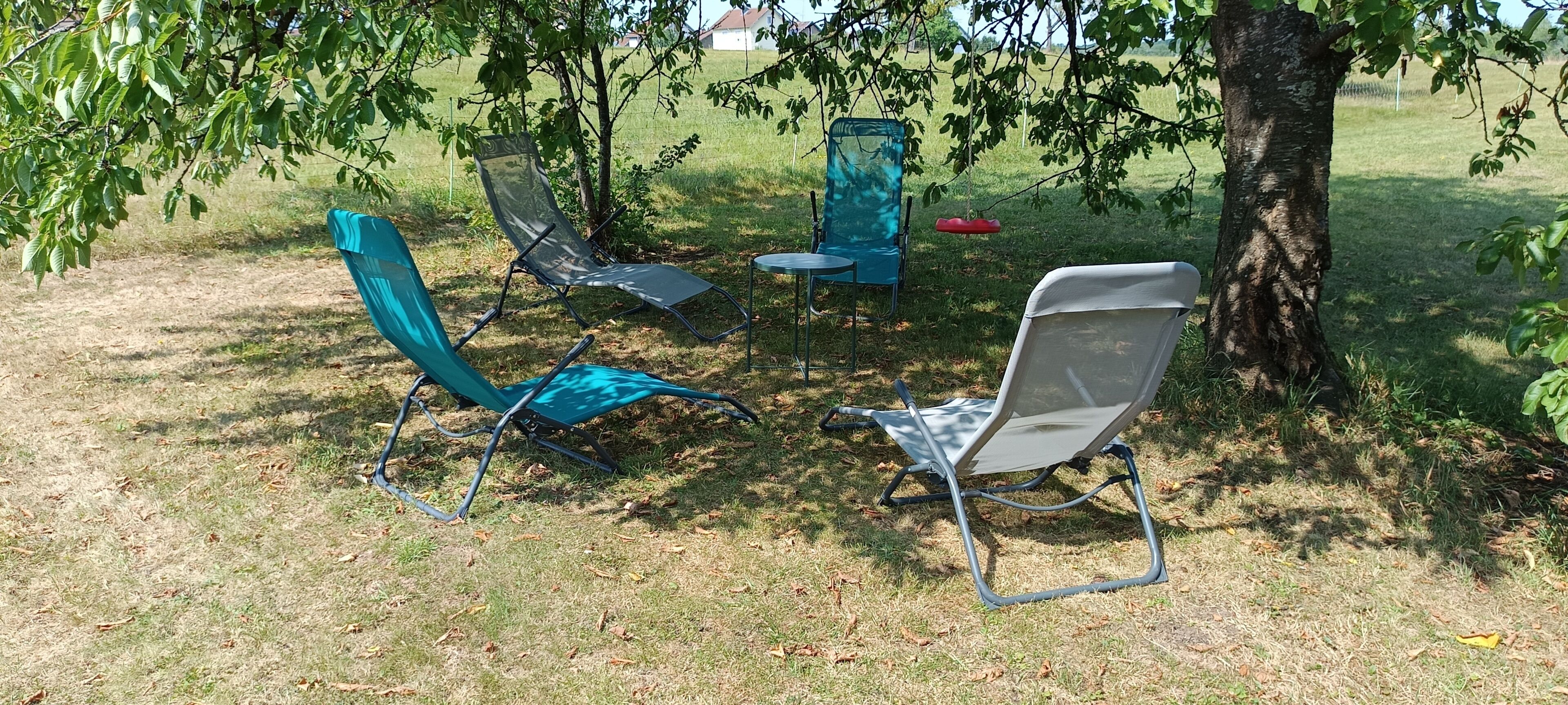 Mobilier d’extérieur comprenant des chaises et une table, placés sous un arbre.