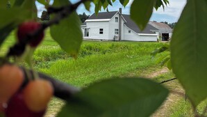 A house with a sloped roof, a garage, and a grassy yard. - Charming 3-bedroom House on a Cherry Orchard (Suttons Bay)