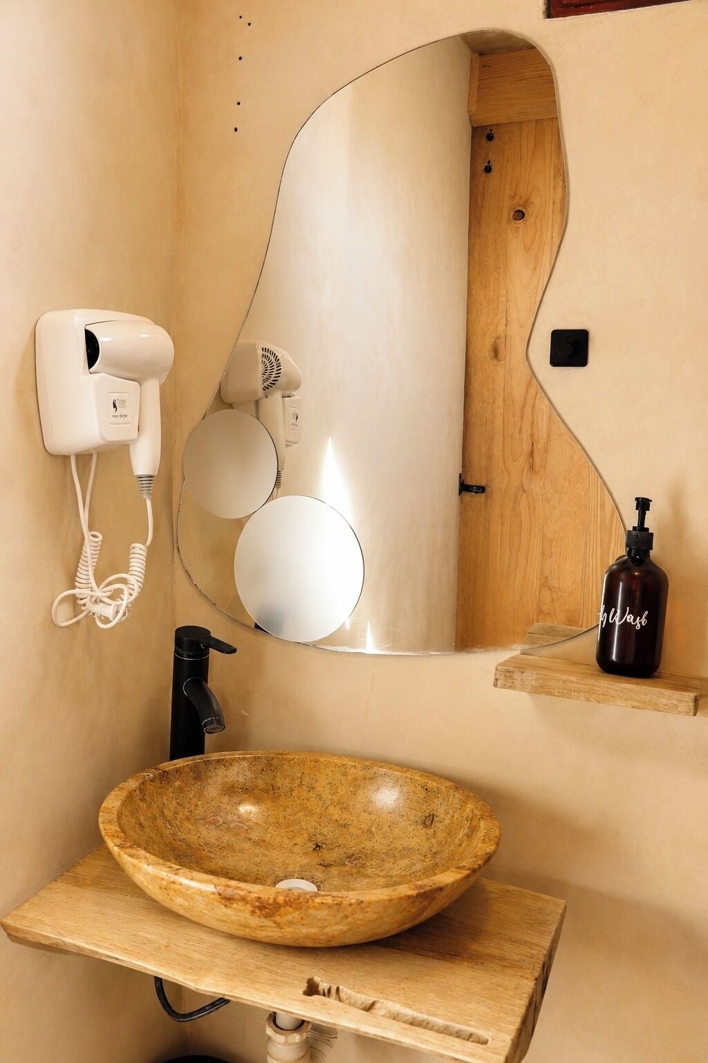 Hair dryer, towels, soap, toilet paper