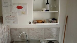 A compact kitchen with a sink, two stovetops, and a wine bottle on a shelf. - LA TORRETTA SHORT-TERM RENTALS (MONOPOLI)