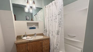 Hair dryer, towels, soap, toilet paper