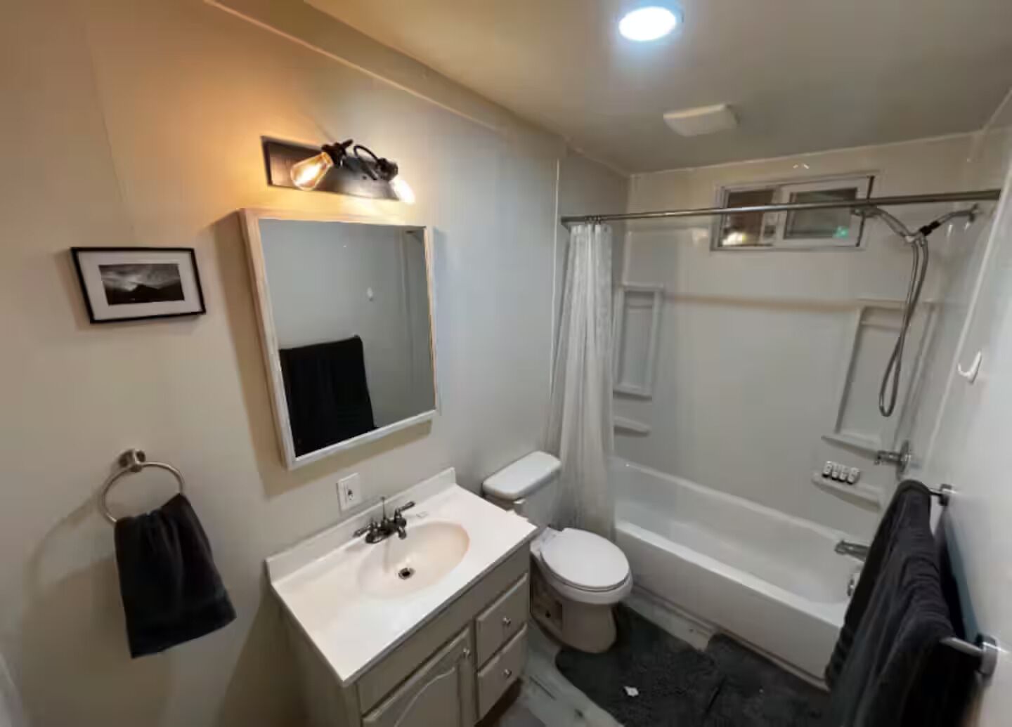 Hair dryer, towels, soap, shampoo