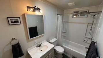 Hair dryer, towels, soap, shampoo