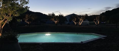 A swimming pool surrounded by trees and a house in the background.