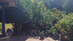 A paved patio area with potted plants and a wicker chair. - 4 Star Holiday Home in Hundested (Hundested)