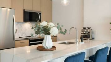 Luxury Apartment, City View | Private kitchen | Full-size fridge, microwave, oven, stovetop