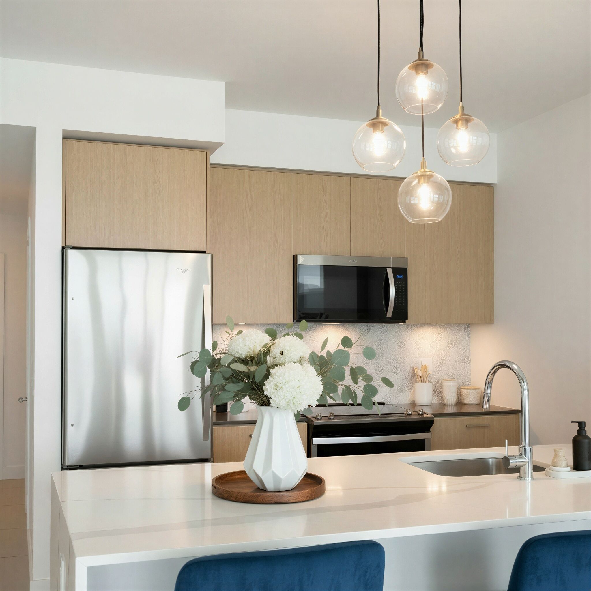 Una cocina moderna con electrodomésticos de acero inoxidable, una isla blanca y un jarrón con flores.
