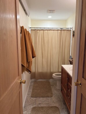 Shower, hair dryer, towels, soap