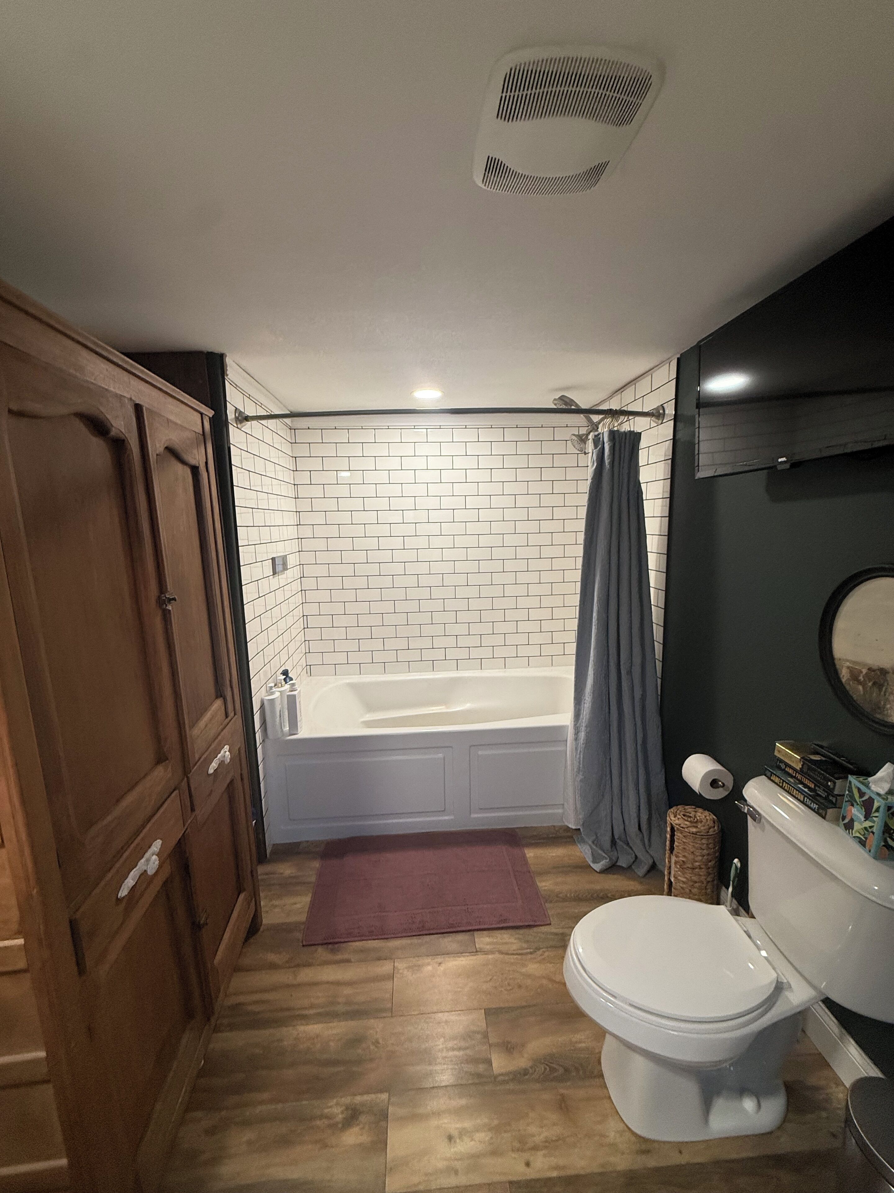 Hair dryer, towels, soap, toilet paper