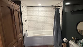 Hair dryer, towels, soap, toilet paper