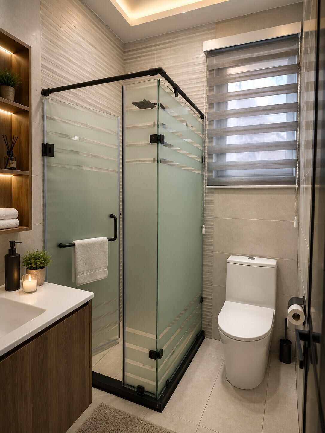 Douche, serviettes fournies, savon, shampooing