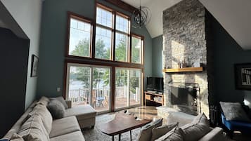 Smart TV, fireplace, books