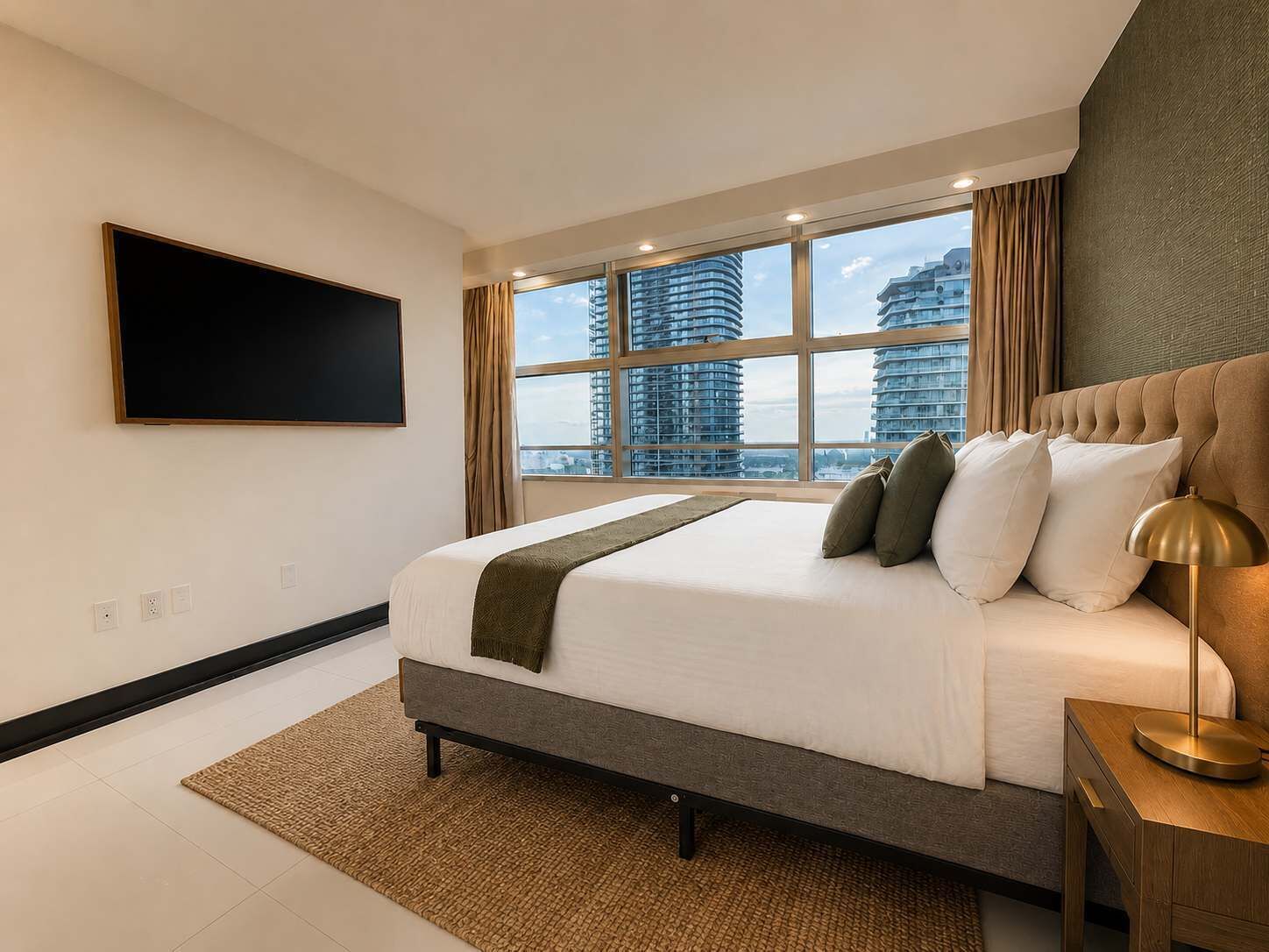 Une chambre d’hôtel moderne avec un grand lit, un téléviseur à écran plat fixé au mur et une vue sur les gratte-ciel par la fenêtre.