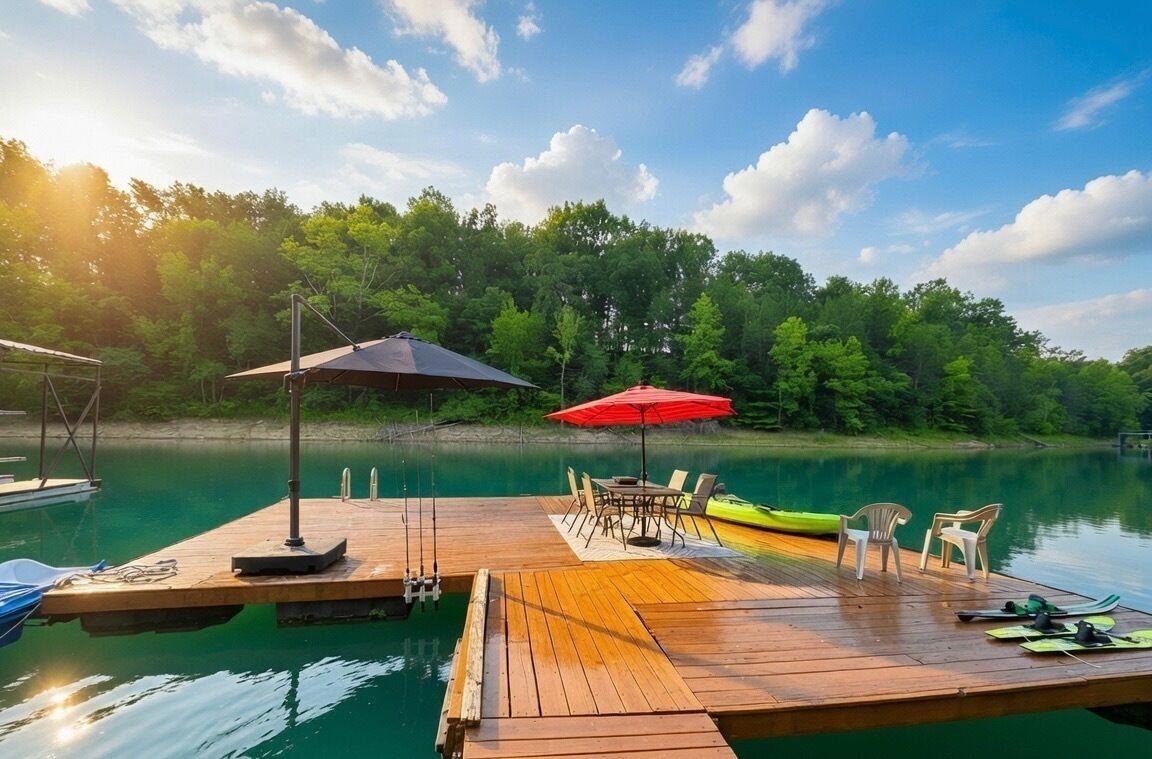 Private lakefront dock with kayaks, lounge seating, and peaceful forest views