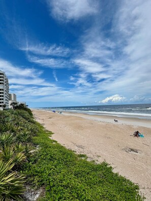 Ein Strand mit blauem Himmel, sandigem Ufer und einem Gebäude auf der linken Seite.