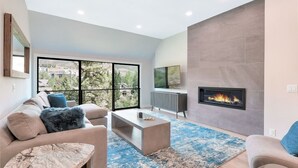 Un salon moderne avec une cheminée, de grandes fenêtres, un téléviseur à écran plat et un canapé.