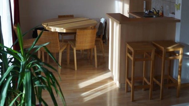 A spacious living area with a wooden dining table, chairs, a kitchen with wooden cabinets, and a large potted plant. - Dilaila, (Grächen), by Interhome (Grächen)