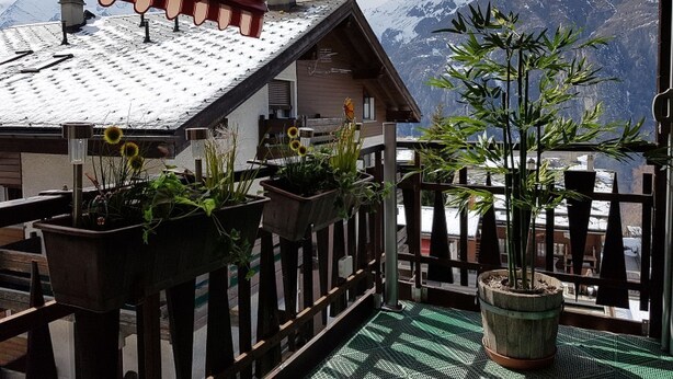 A balcony with potted plants, a wooden fence, and a mountain view. - Silberblick, (Grächen), by Interhome (Grächen)